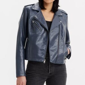 Levi’s Women’s XL Faux Leather Dark Blue Navy Motorcycle Jacket Zippered